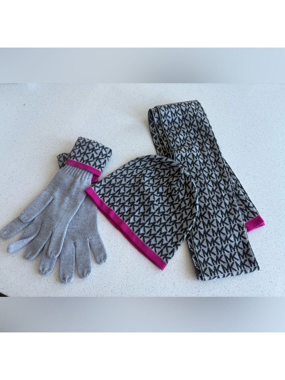 Michael Kors Gray and Pink Hat Set